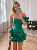 Henni - Lässiges Eine Schulter Minikleid mit hoher Taille und floralem Gestaltung