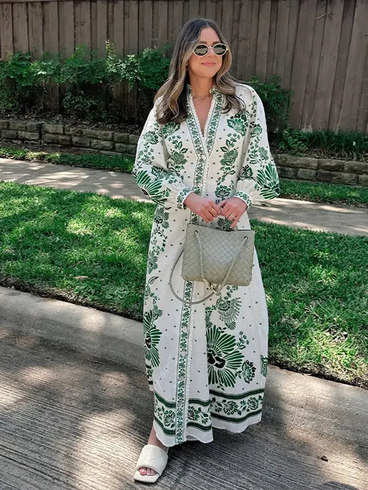 Pauline - Eleganter Blumendruck Kleid mit V Ausschnitt und langen Ärmeln
