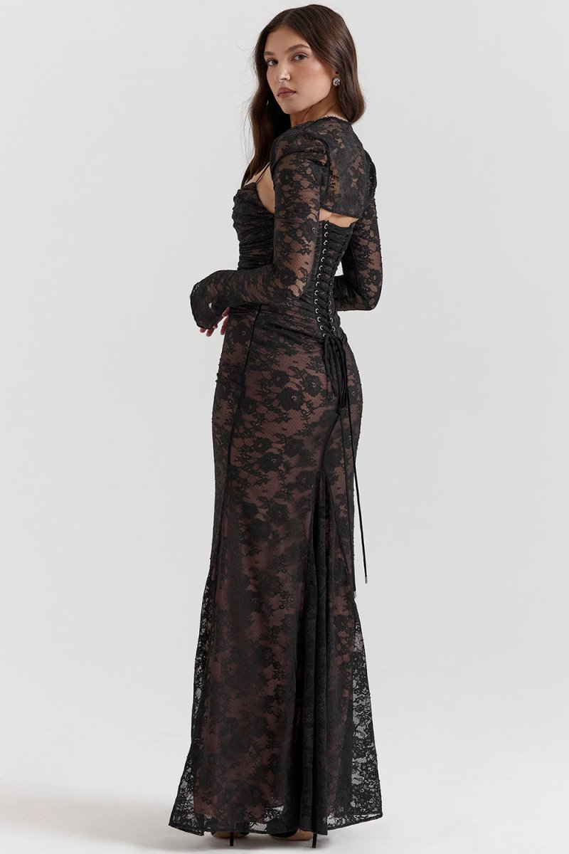 Erika - Elegantes Kleid mit langen Ärmeln Kordelzug in der Taille und verstellbarem Rückenverschluss