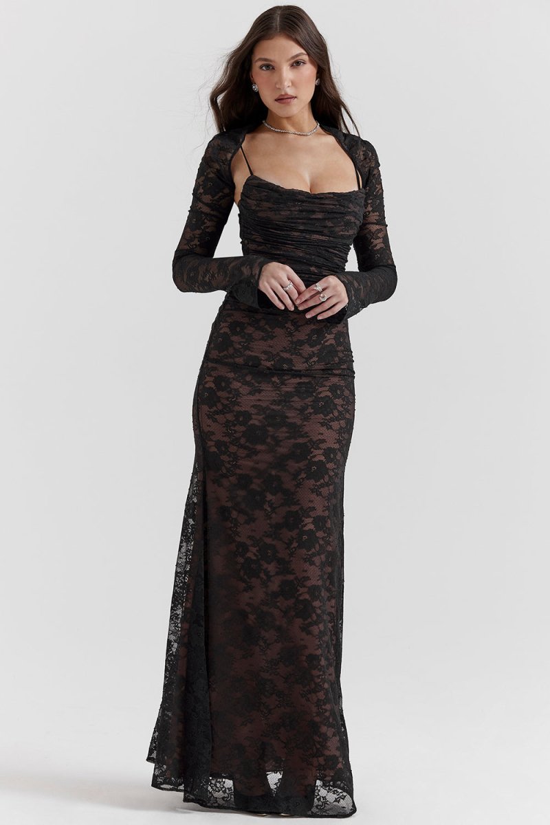Erika - Elegantes Kleid mit langen Ärmeln Kordelzug in der Taille und verstellbarem Rückenverschluss