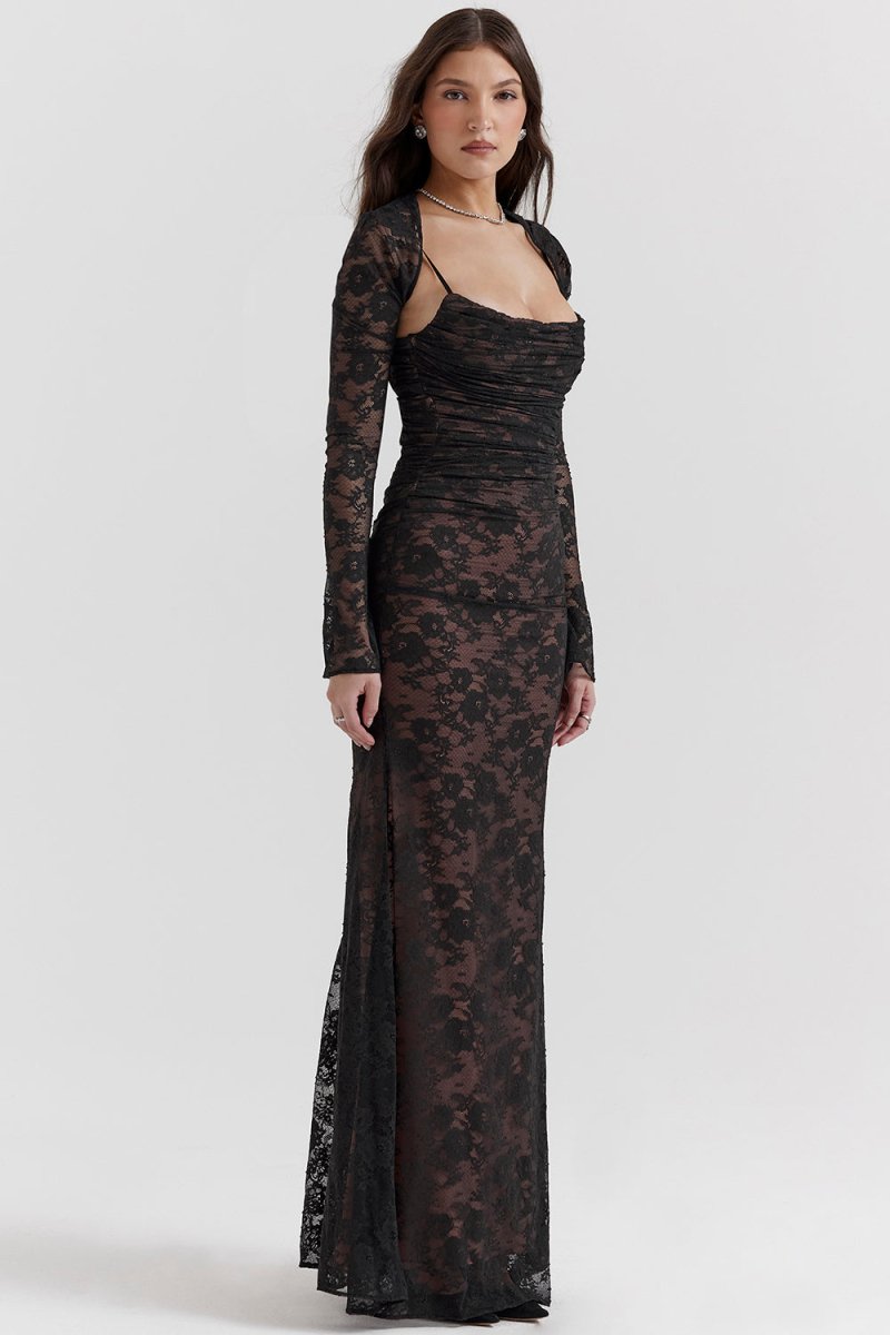 Erika - Elegantes Kleid mit langen Ärmeln Kordelzug in der Taille und verstellbarem Rückenverschluss