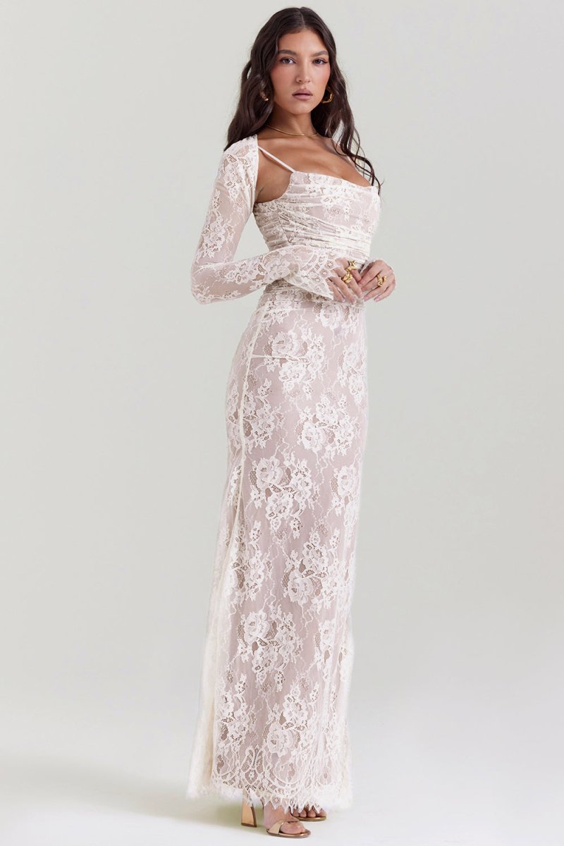 Erika - Elegantes Kleid mit langen Ärmeln Kordelzug in der Taille und verstellbarem Rückenverschluss