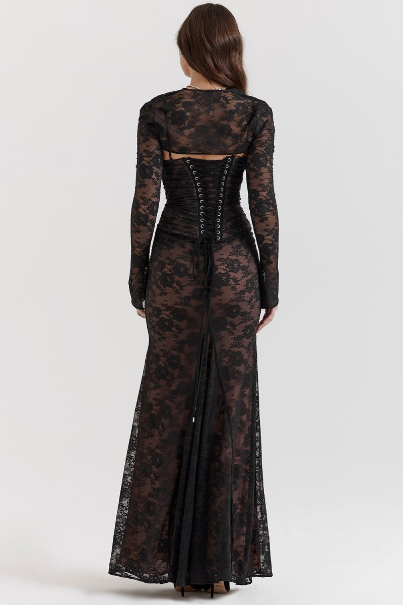 Erika - Elegantes Kleid mit langen Ärmeln Kordelzug in der Taille und verstellbarem Rückenverschluss