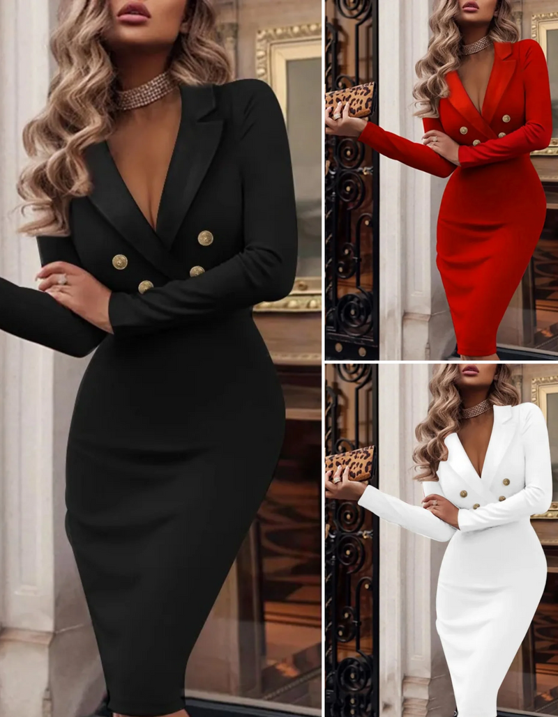Briana - Schmal geschnittenes Midikleid mit V Ausschnitt und langen Ärmeln