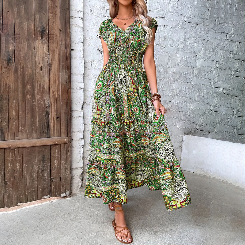 Clarissa – Stilvolles bedrucktes Kleid mit V Ausschnitt und lockerer Passform