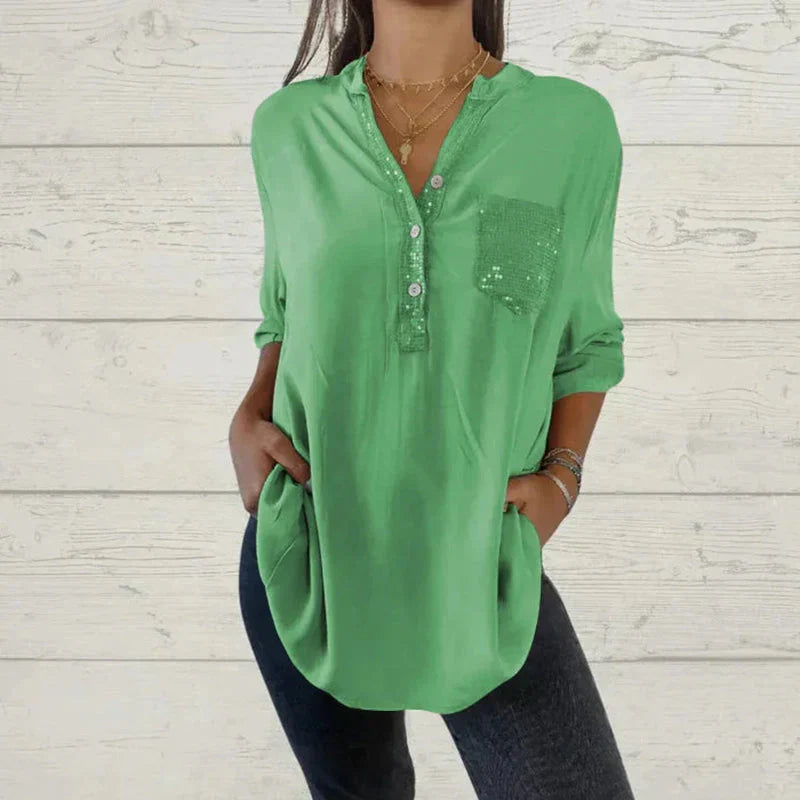Merry – Stilvolles Langarmshirt mit V-Ausschnitt Knöpfen und Tasche