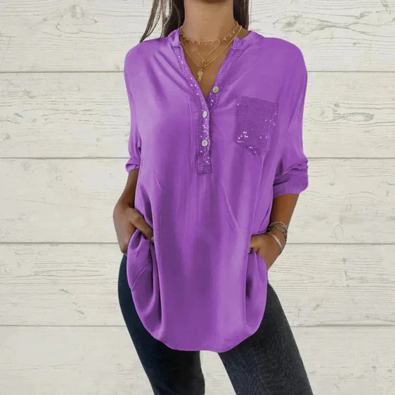 Merry – Stilvolles Langarmshirt mit V-Ausschnitt Knöpfen und Tasche