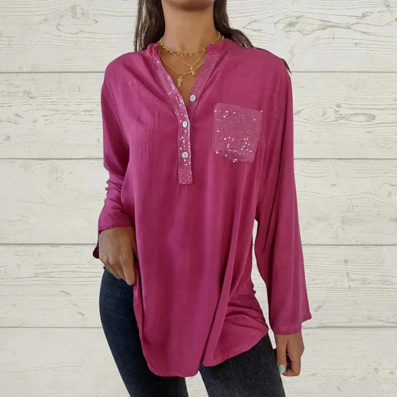 Merry – Stilvolles Langarmshirt mit V-Ausschnitt Knöpfen und Tasche