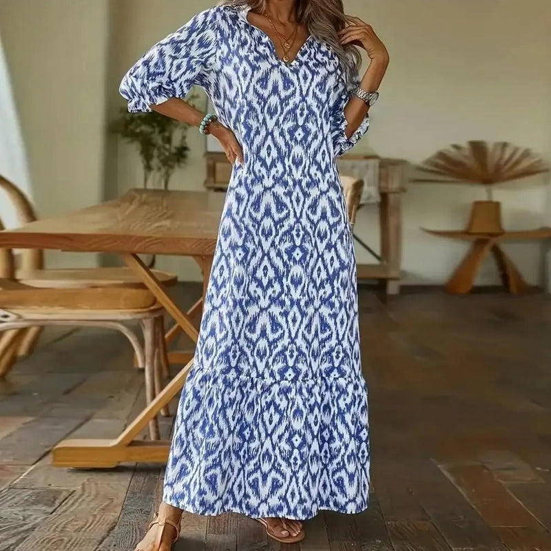 Paula – Lässiges locker sitzendes Maxikleid mit V Ausschnitt und Blumenmuster und langen Ärmeln