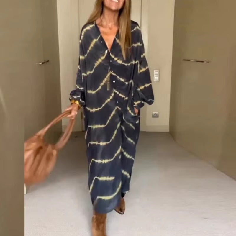 Emma – Stylisches Maxikleid mit V Ausschnitt langen Ärmeln und Taschen