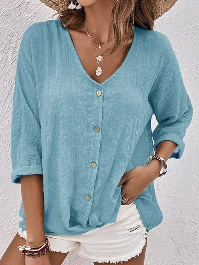 Almut - Elegante Bluse mit V Ausschnitt und langen Ärmeln mit Knopf