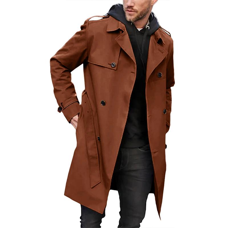 Alaric - Lange Ärmel Zweireihiger Trenchcoat mit Reverskragen und Gürtel