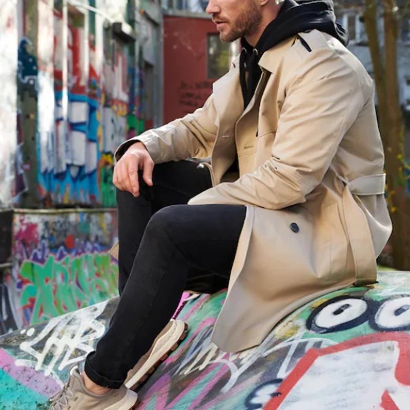Alaric - Lange Ärmel Zweireihiger Trenchcoat mit Reverskragen und Gürtel