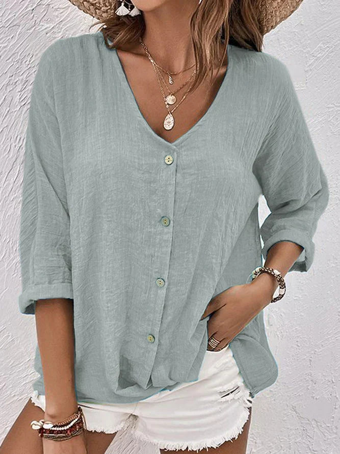 Almut - Elegante Bluse mit V Ausschnitt und langen Ärmeln mit Knopf
