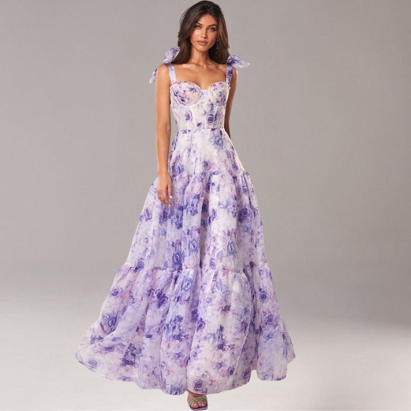 Anke - Modisches ärmelloses langes Blumenkleid mit Schleifendetails und hoher Taille