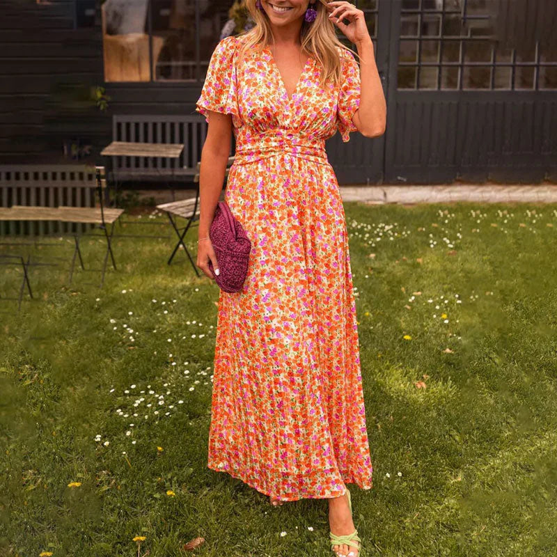Soraya – Kurzarmkleid mit Blumendruck V Ausschnitt und hoher Taille