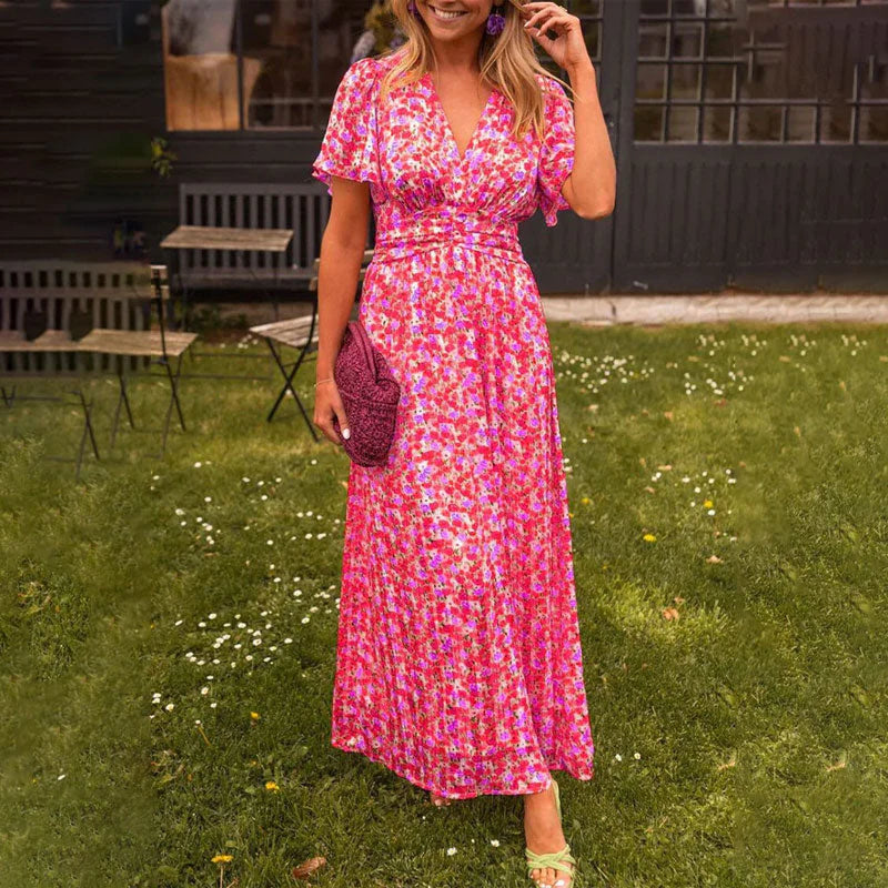 Soraya – Kurzarmkleid mit Blumendruck V Ausschnitt und hoher Taille