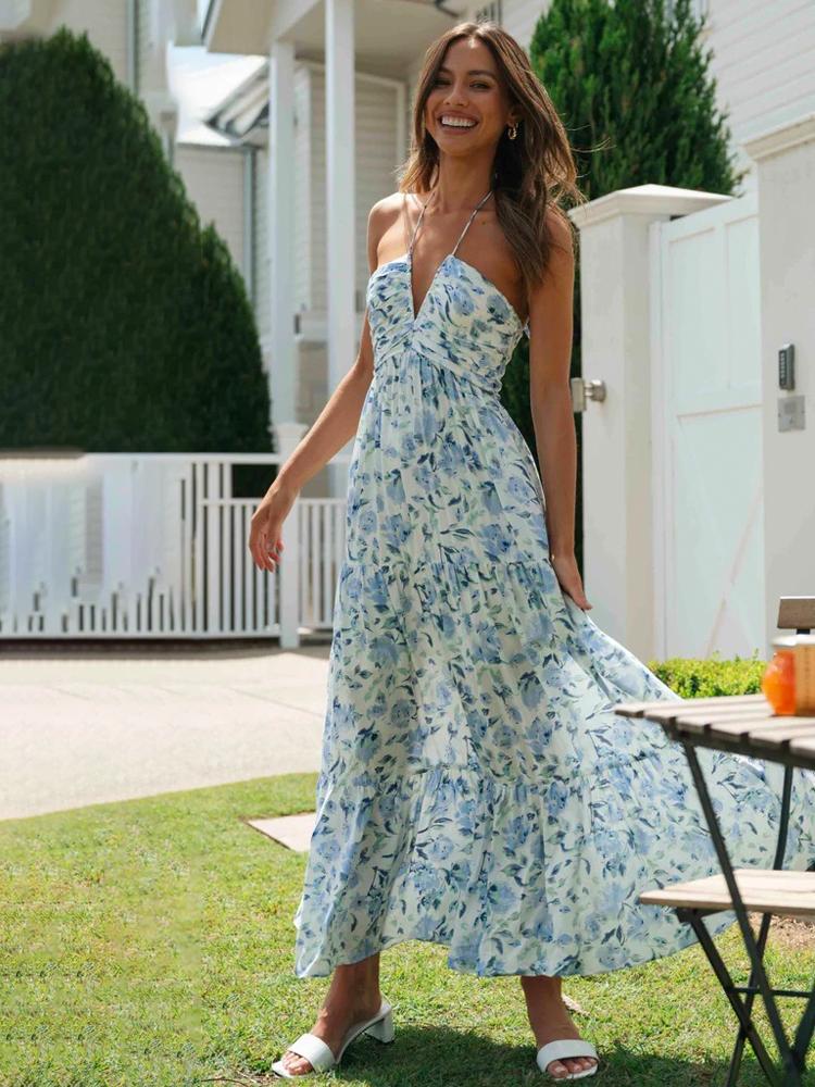 Alina – Stilvolles ärmelloses langes Kleid mit Blumendruck und Neckholder V Ausschnitt