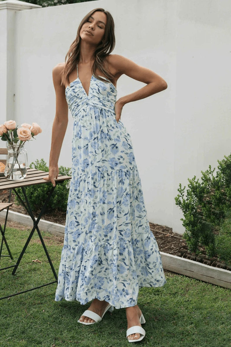 Alina – Stilvolles ärmelloses langes Kleid mit Blumendruck und Neckholder V Ausschnitt