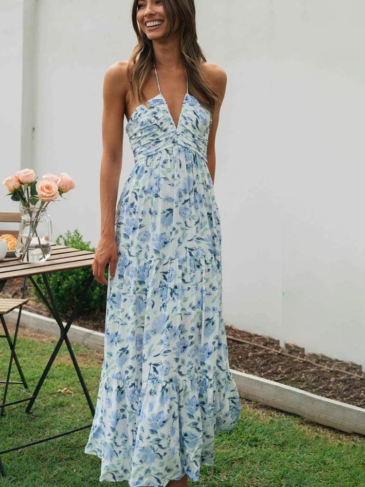 Alina – Stilvolles ärmelloses langes Kleid mit Blumendruck und Neckholder V Ausschnitt