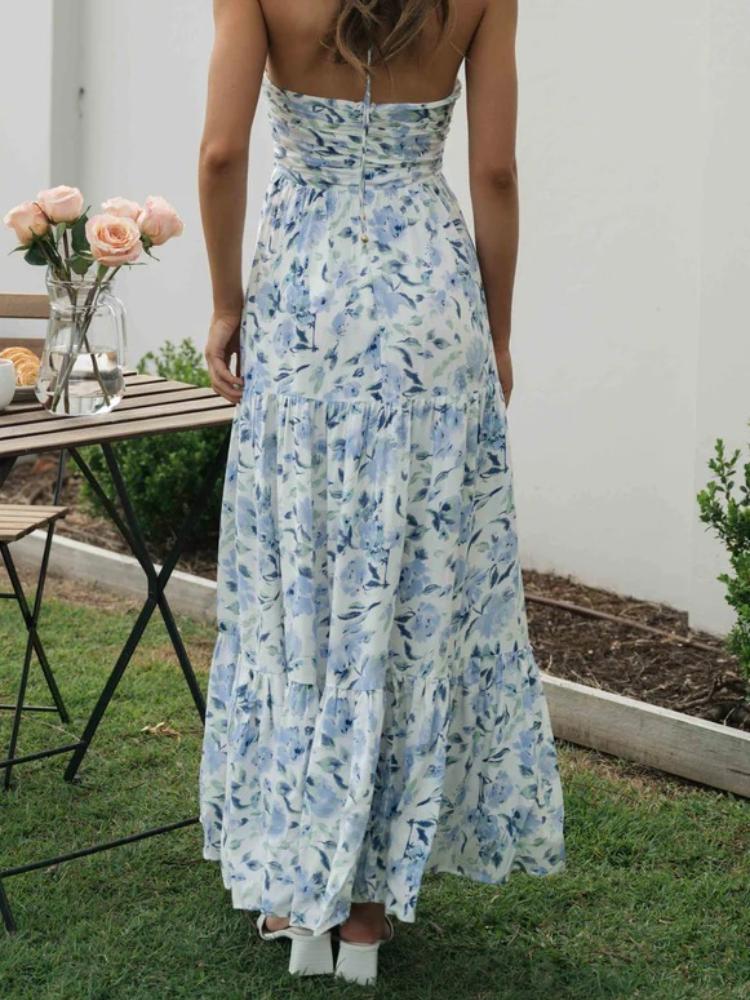 Alina – Stilvolles ärmelloses langes Kleid mit Blumendruck und Neckholder V Ausschnitt