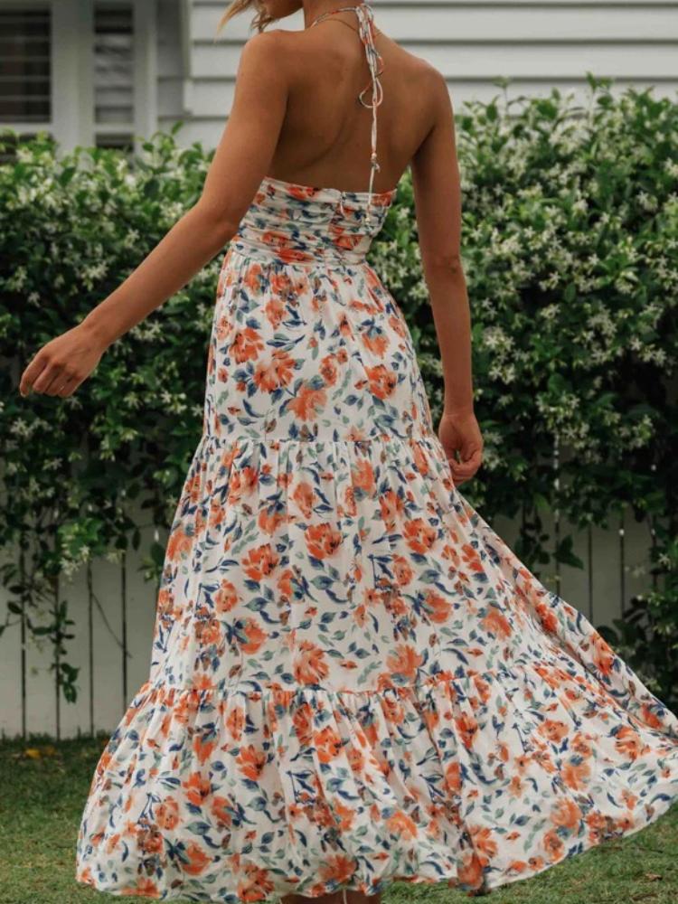 Alina – Stilvolles ärmelloses langes Kleid mit Blumendruck und Neckholder V Ausschnitt