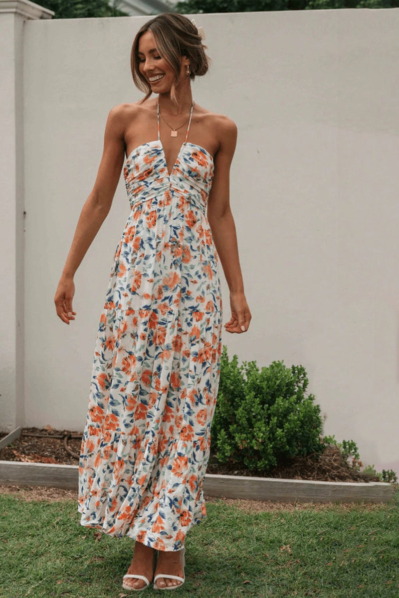 Alina – Stilvolles ärmelloses langes Kleid mit Blumendruck und Neckholder V Ausschnitt